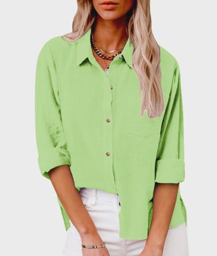 Dames Blouse met Lange Mouwen - Katoen Linnen Look