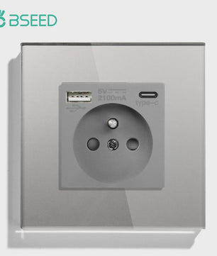 BSEED Wandcontactdoos met Dubbele USB & Type-C Poorten - Stijlvol Glazen Frame