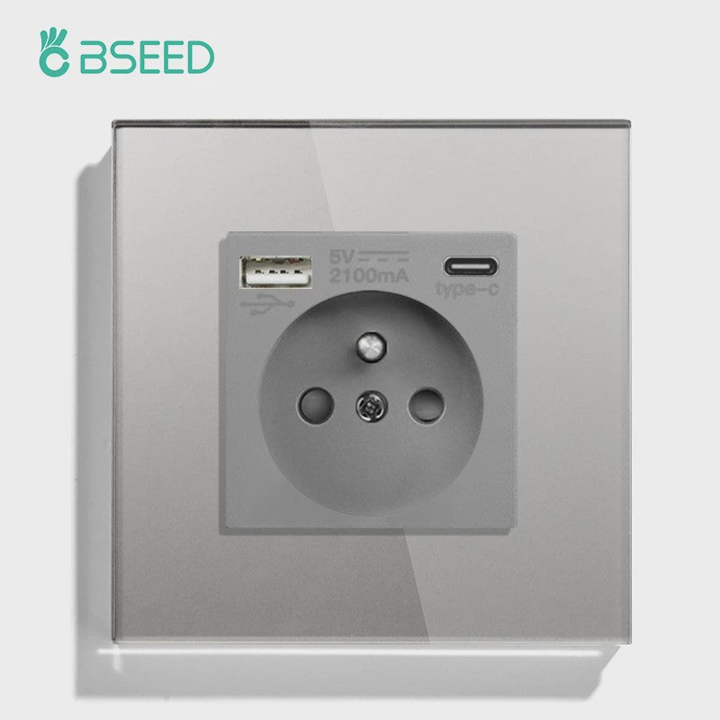 BSEED Wandcontactdoos met Dubbele USB & Type-C Poorten - Stijlvol Glazen Frame