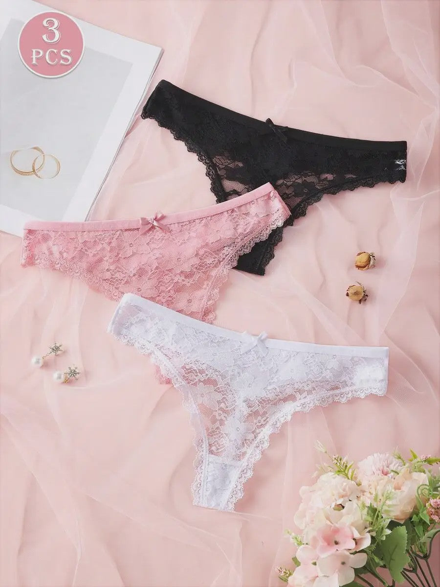 3-Pack Dames Strings van Kant en Mesh - Sexy Transparant Ondergoed