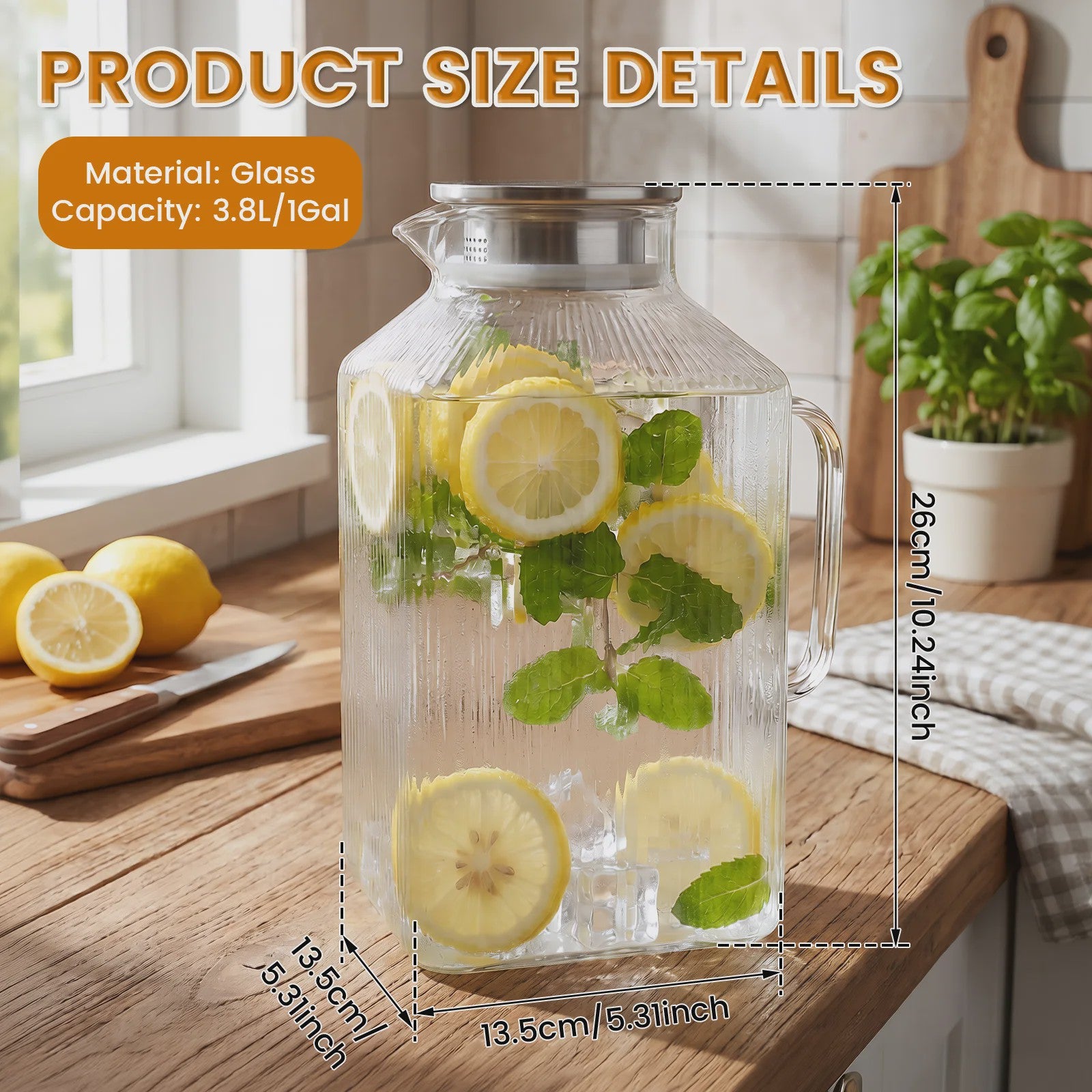 Glazen Kan 3.8L met Deksel & Borstel - Hittebestendig Borosilicaatglas voor Warme & Koude Dranken