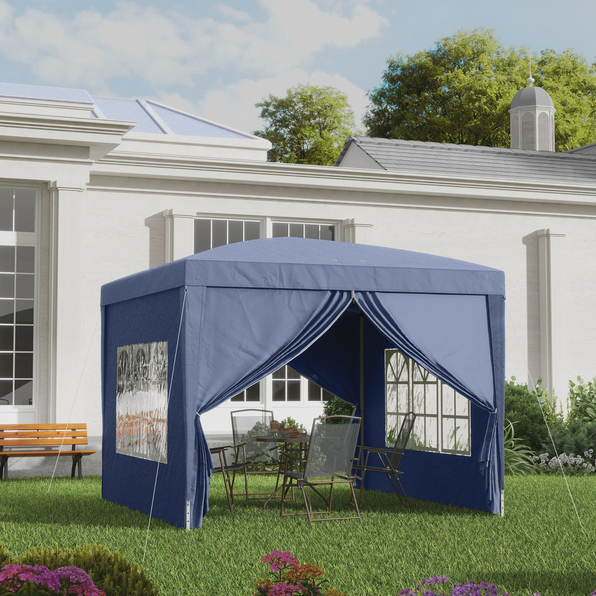 Outsunny Partytent 3x3m met 4 Afneembare Wanden en Draagtas - Blauw