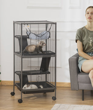 Pawut 4-level Portable Small Animal Cage for Small Animal, 2-door, 2-door, 3-Ramp, hammock and removable tray, 52x52 x cm Grey