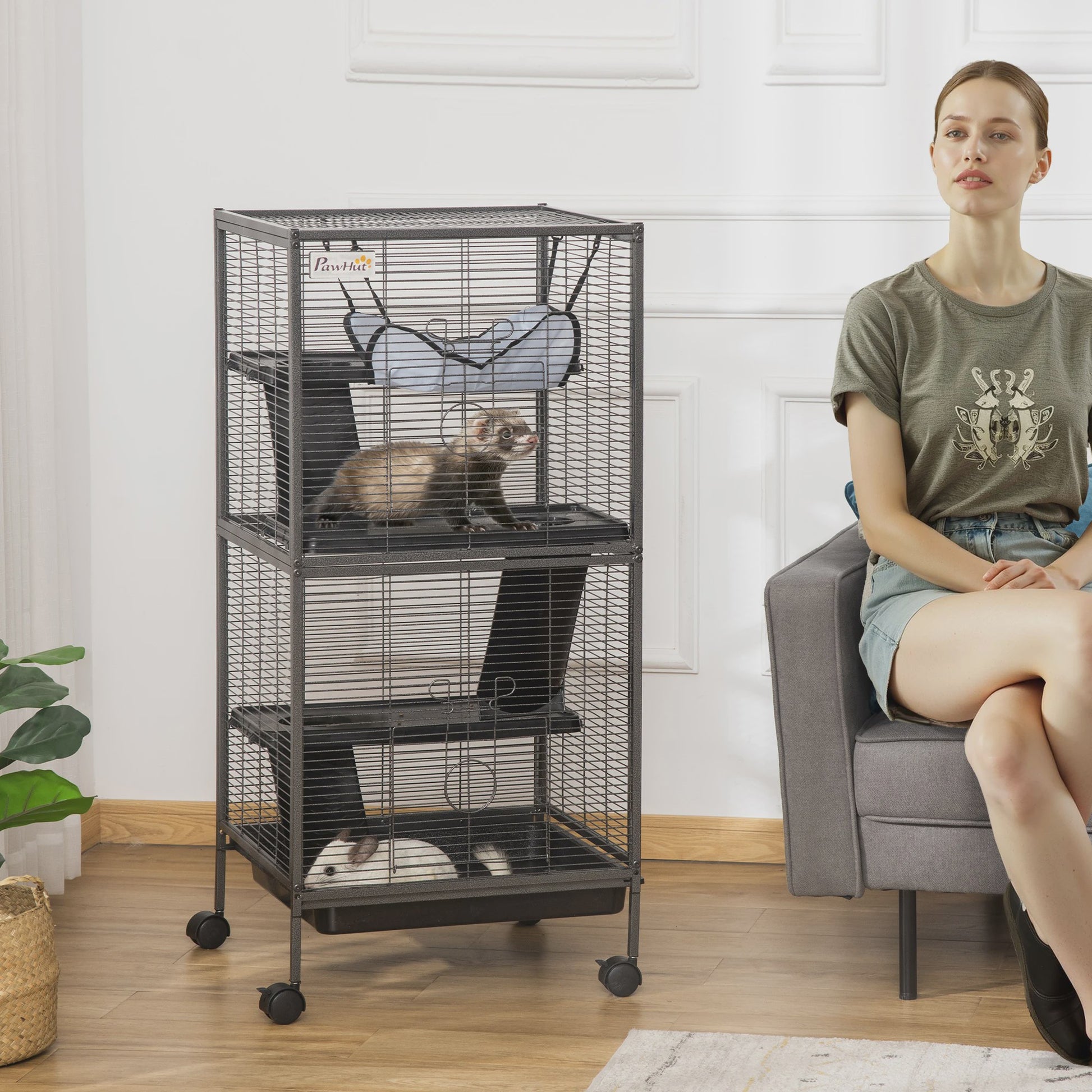 Pawut 4-level Portable Small Animal Cage for Small Animal, 2-door, 2-door, 3-Ramp, hammock and removable tray, 52x52 x cm Grey