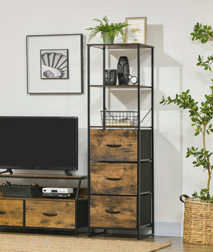 Industrieel Opbergmeubel met Planken en 3 Stoffen Lades - 44x40x155 cm