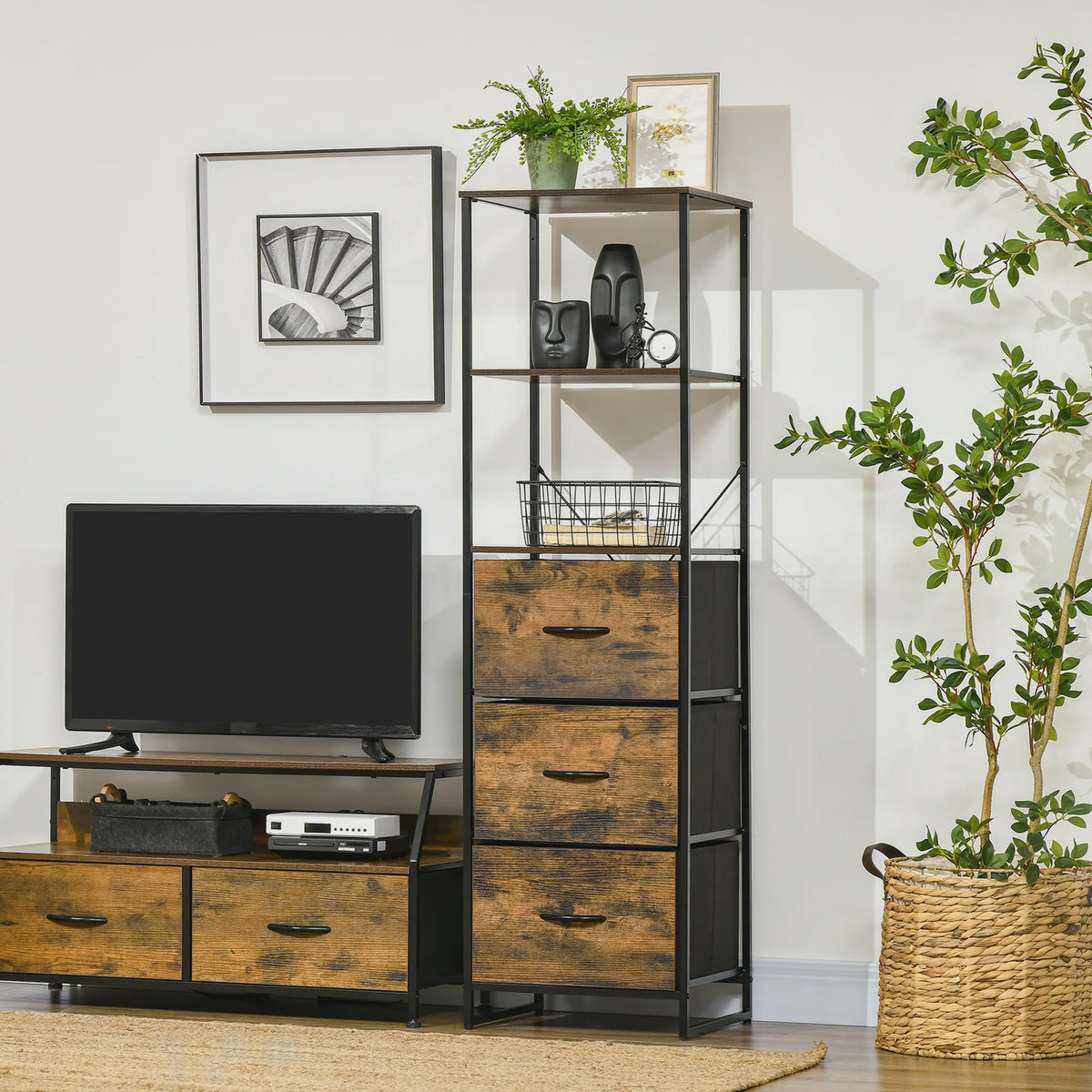 Industrieel Opbergmeubel met Planken en 3 Stoffen Lades - 44x40x155 cm