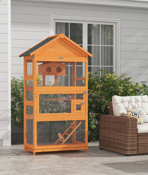 PawHut Houten Vogelkooi Papegaai Speeltuin met Asfalt Dak 92x52x171 cm Oranje
