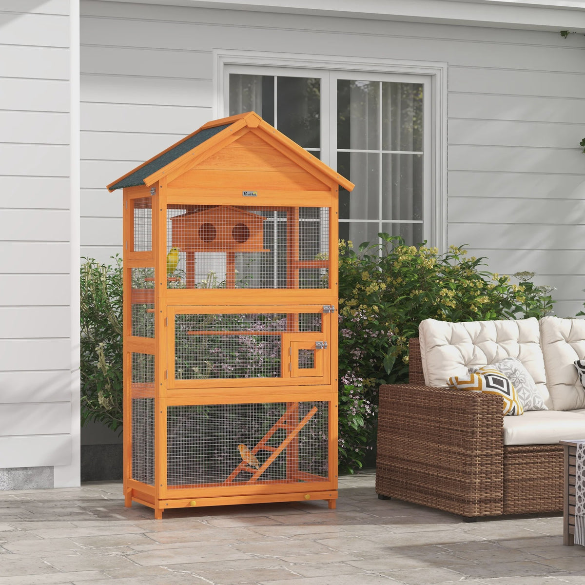 PawHut Houten Vogelkooi Papegaai Speeltuin met Asfalt Dak 92x52x171 cm Oranje