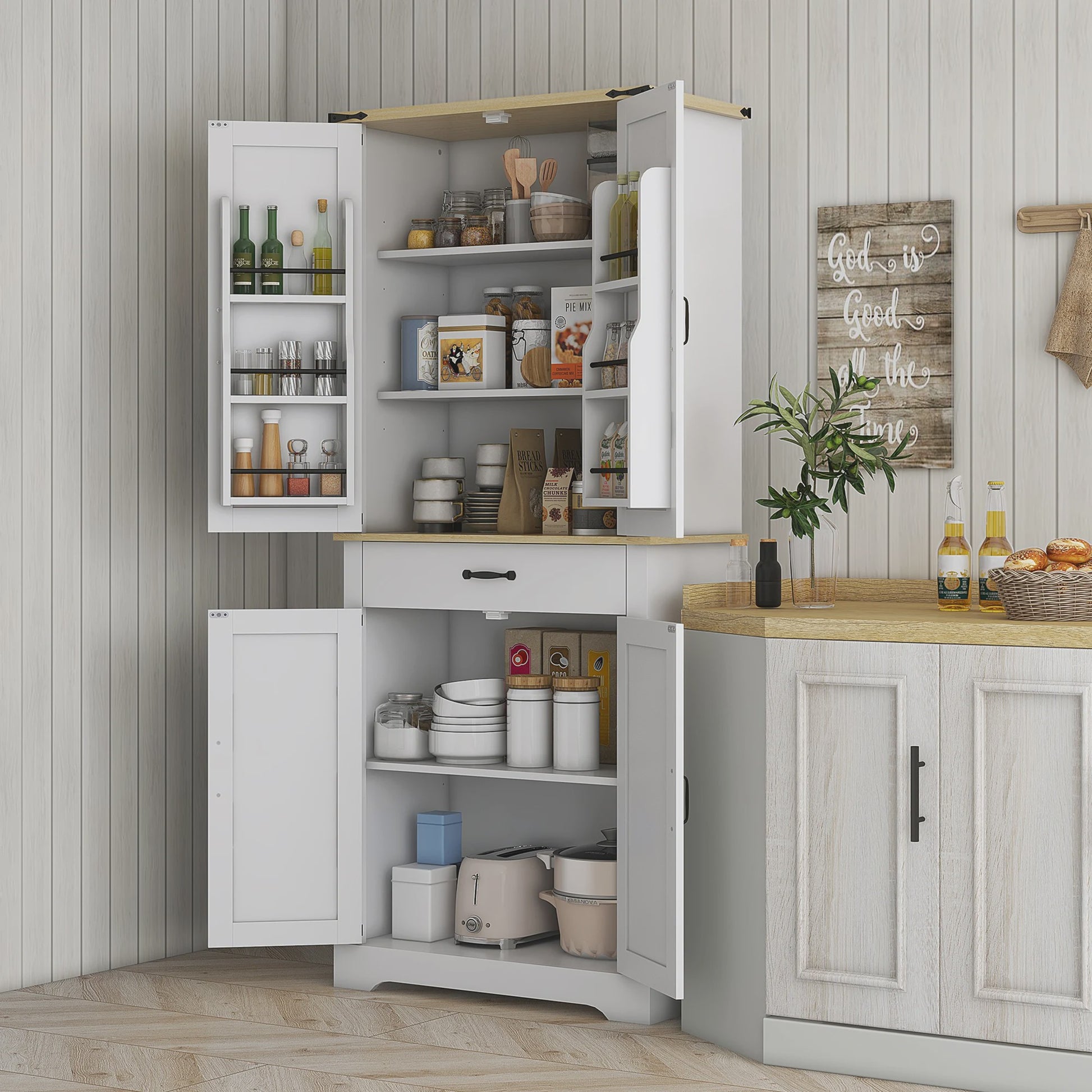 HOMCOM Keuken Buffetkast met 4 Deuren, Lade en 6 Verstelbare Planken - Wit 181 cm
