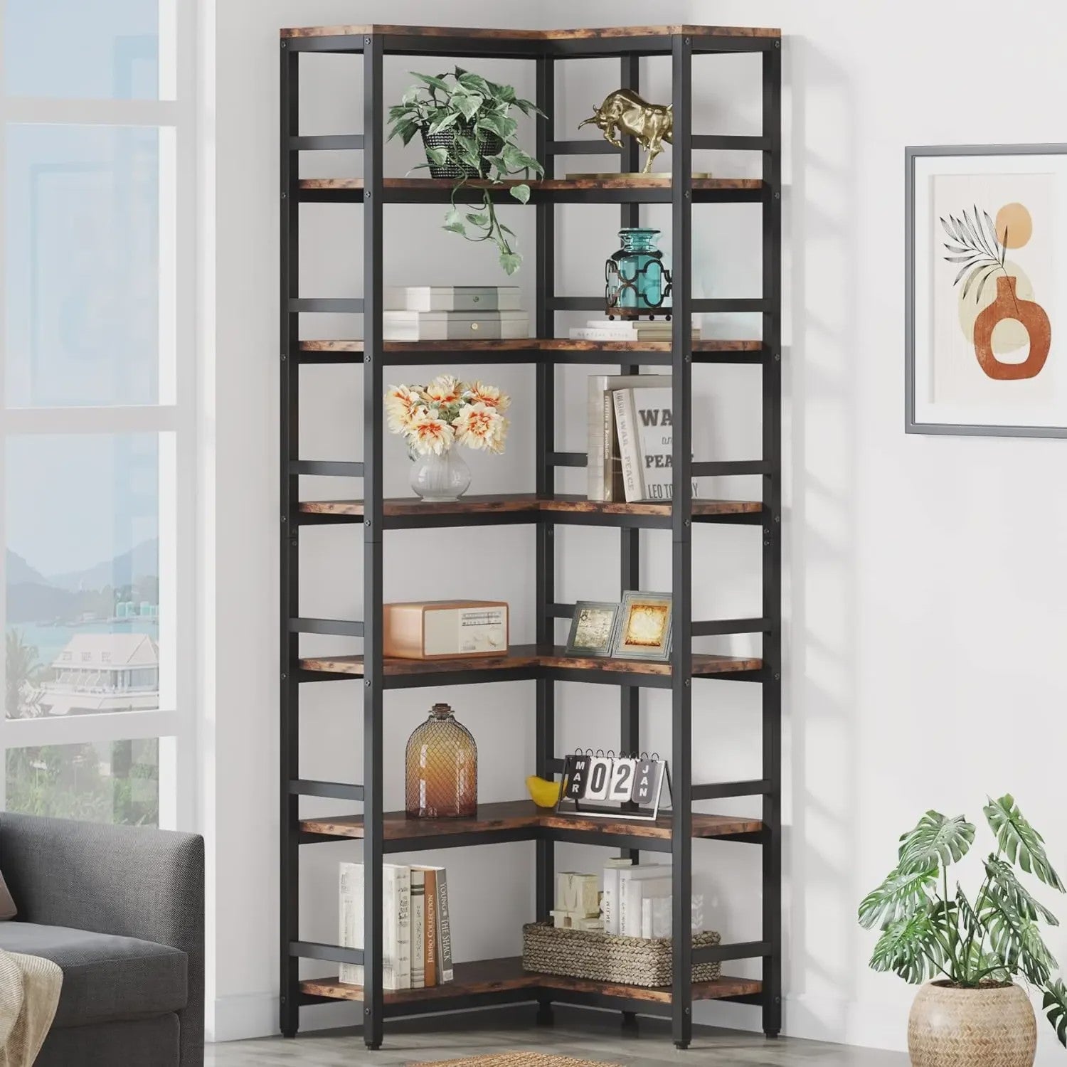 Industriële Hoek Boekenkast 7 Lagen - 200cm Hoog - Stijlvol en Ruim