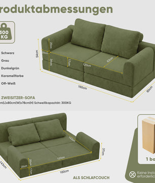 Groene 2-zits Slaapbank met Traagschuim | Flanel | 160x80 cm | Futon Sofa voor Woonkamer & Kleine Ruimtes