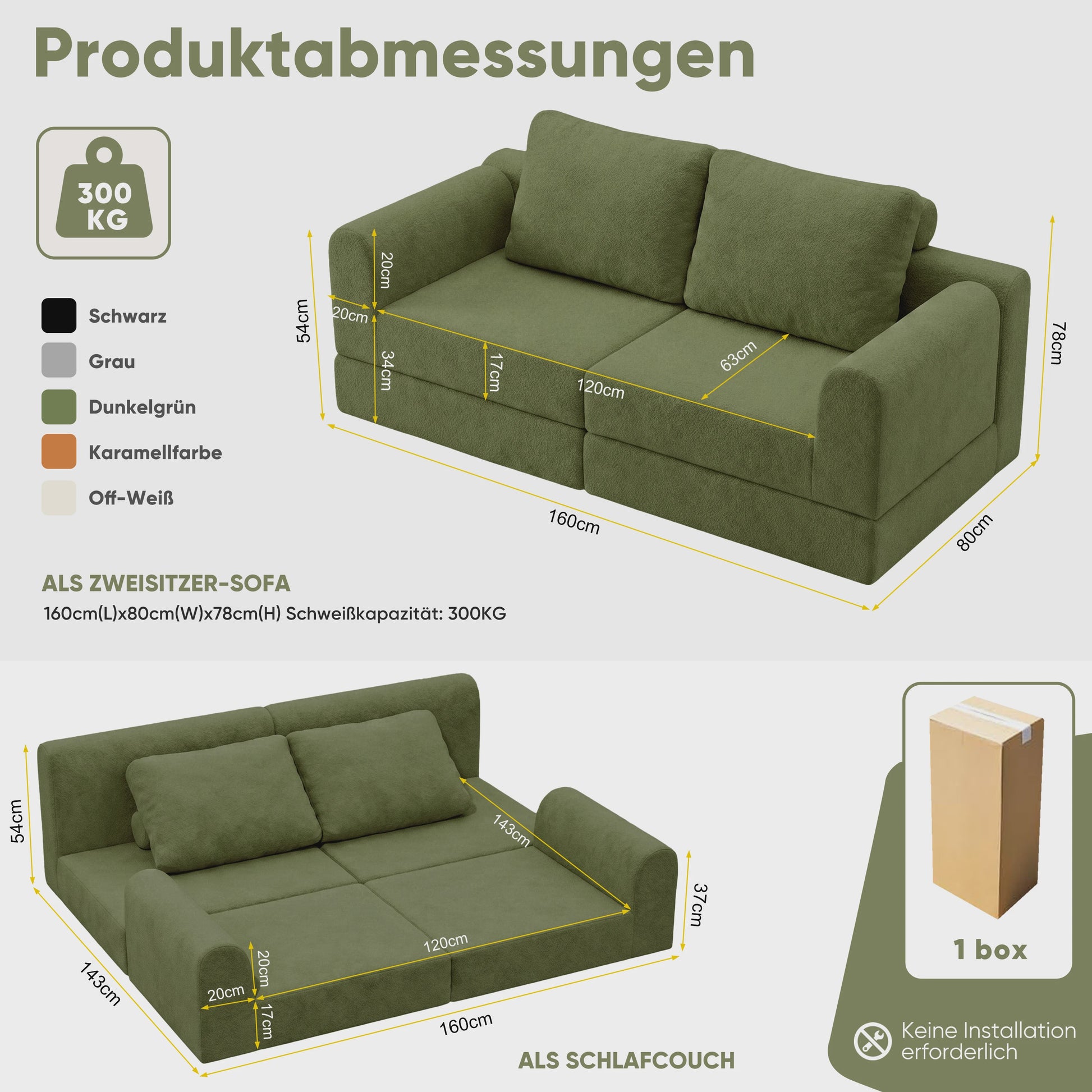 Groene 2-zits Slaapbank met Traagschuim | Flanel | 160x80 cm | Futon Sofa voor Woonkamer & Kleine Ruimtes
