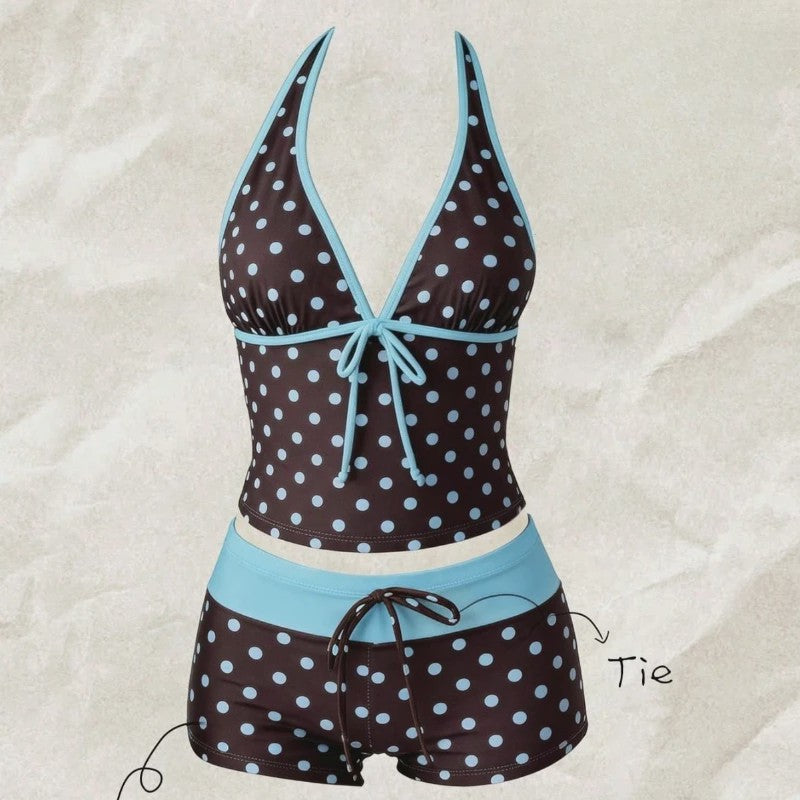 Dames Polka Dot Tankini Set - 2-Delig met Halter V-hals Top en Shorts
