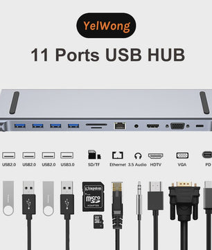 11-in-1 USB-C Hub Docking Station met 4K HDMI, VGA, RJ45, SD/TF Kaartlezer & PD Charge