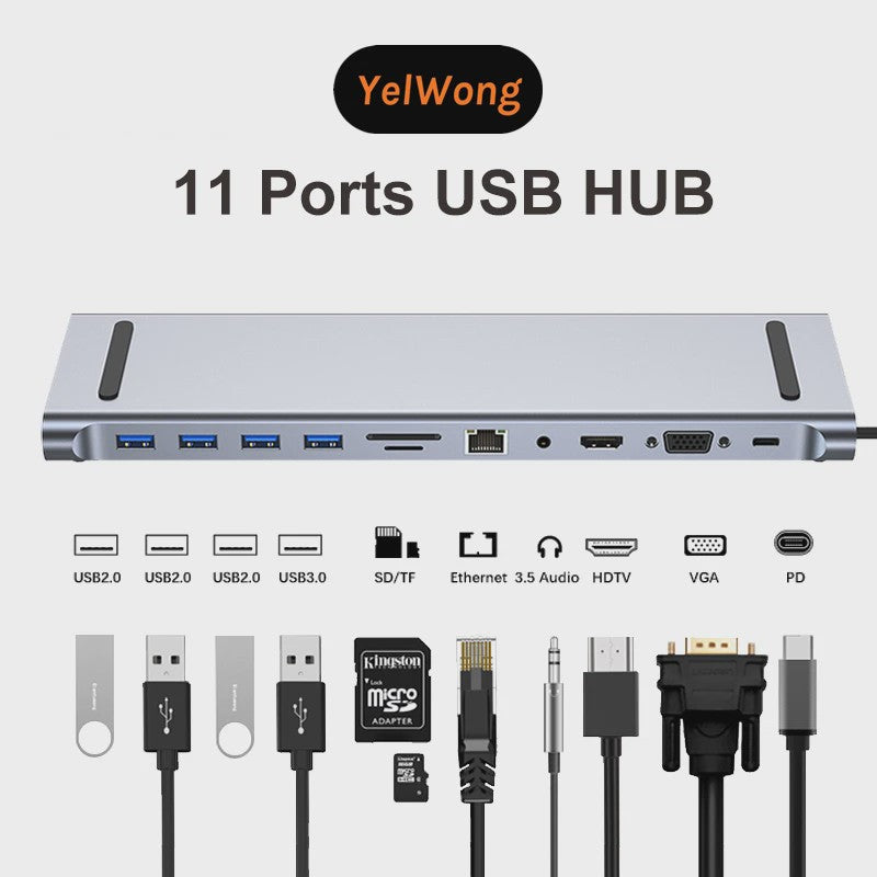 11-in-1 USB-C Hub Docking Station met 4K HDMI, VGA, RJ45, SD/TF Kaartlezer & PD Charge