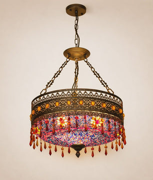 Handgemaakte Turkse Mozaïek Hanglamp - Vintage Marokkaanse Kroonluchter met Kleurrijk Glas