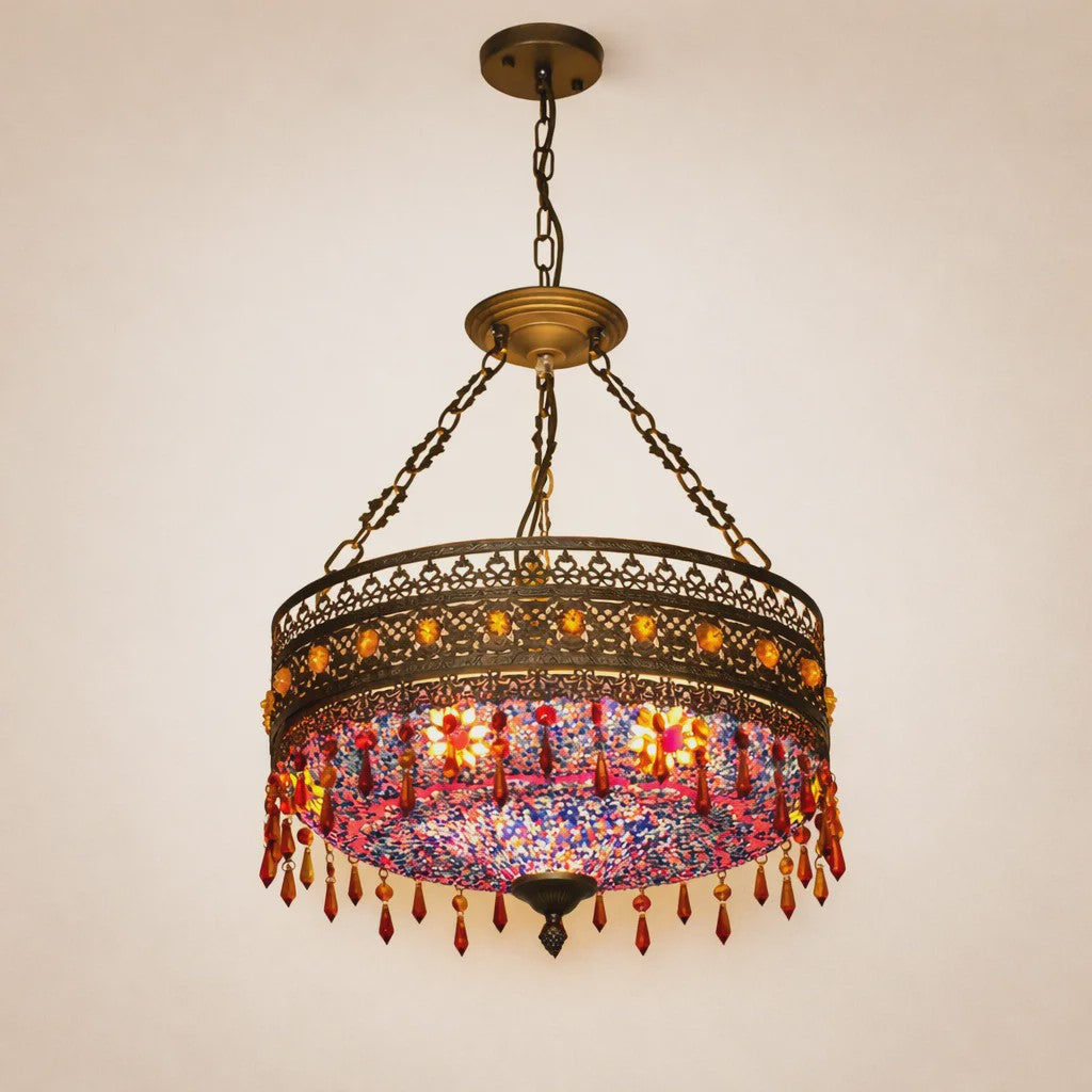 Handgemaakte Turkse Mozaïek Hanglamp - Vintage Marokkaanse Kroonluchter met Kleurrijk Glas