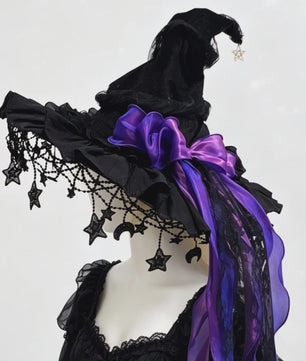 Luxe Heksenhoed van Kant en Fluweel met Maan & Sterren - Perfect voor Halloween & Cosplay