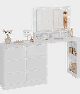 Moderne Kaptafel met LED Spiegel en 7 Lades - Flexibel te Monteren - Make-up Tafel met Ladekast