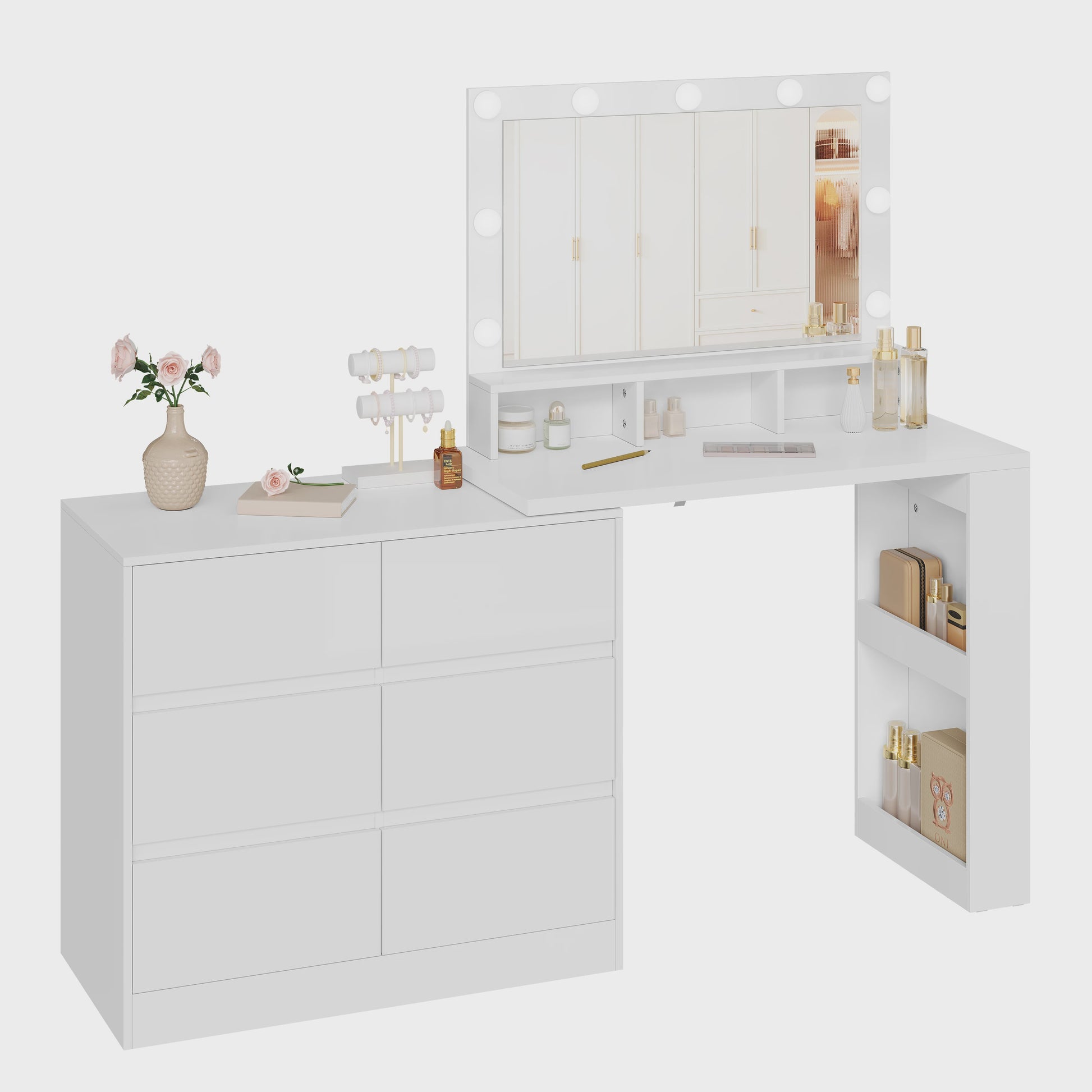 Moderne Kaptafel met LED Spiegel en 7 Lades - Flexibel te Monteren - Make-up Tafel met Ladekast
