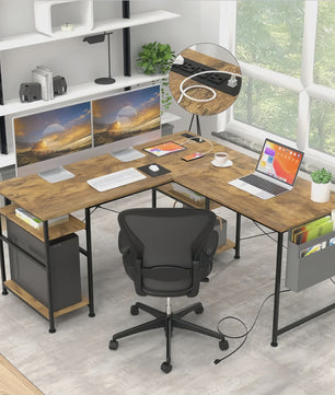 L-vormig Bureau met Opbergruimte & Geïntegreerde Stroomvoorziening - Modern Bruin Hoekbureau 140x140cm