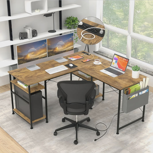 L-vormig Bureau met Opbergruimte & Geïntegreerde Stroomvoorziening - Modern Bruin Hoekbureau 140x140cm