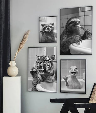 Grappige Poster Set: Zwart-Wit Dieren Poetsen Tanden - Canvas Kunst voor Woonkamer & Slaapkamer