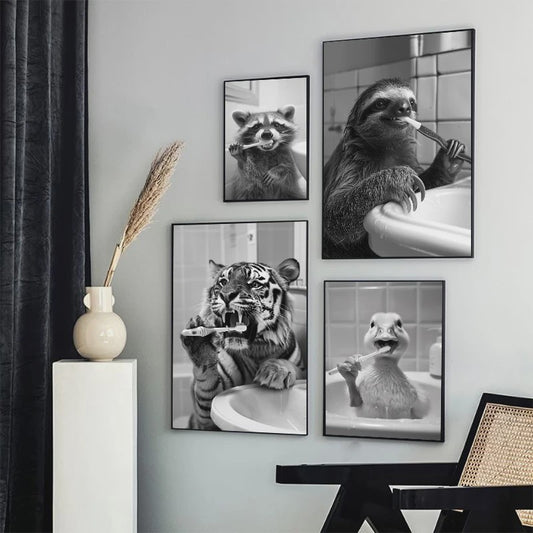 Grappige Poster Set: Zwart-Wit Dieren Poetsen Tanden - Canvas Kunst voor Woonkamer & Slaapkamer