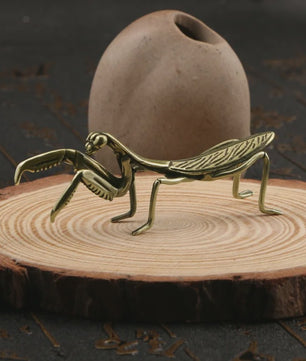 Antiek Messing Bidsprinkhaan Ornament - Miniatuur Insectbeeldje voor Bureau & Feng Shui