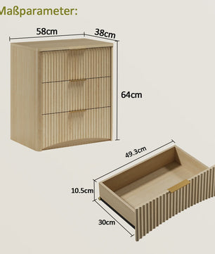Eiken Nachtkastje met 3 Lades, Goudkleurige Handgrepen en Soft-Close Systeem - 58x38x64 cm