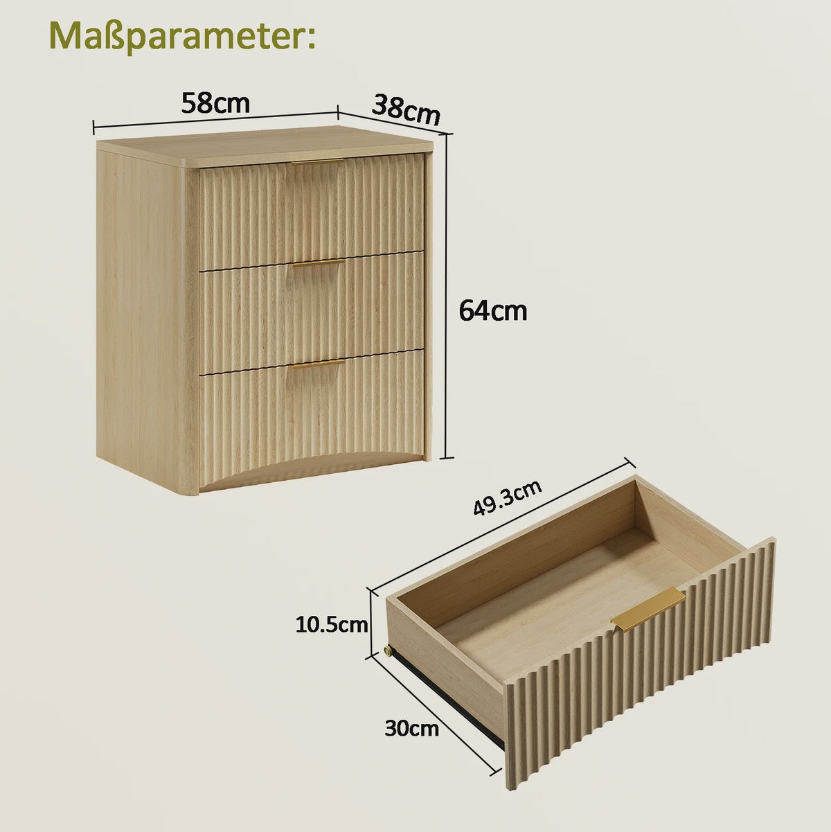 Eiken Nachtkastje met 3 Lades, Goudkleurige Handgrepen en Soft-Close Systeem - 58x38x64 cm