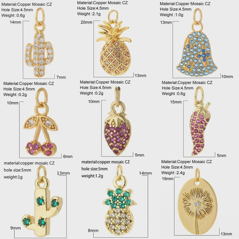Gouden Bedeltjes voor Sieraden Maken: Cactus, Kers, Paddenstoel, Bloem & Fruit
