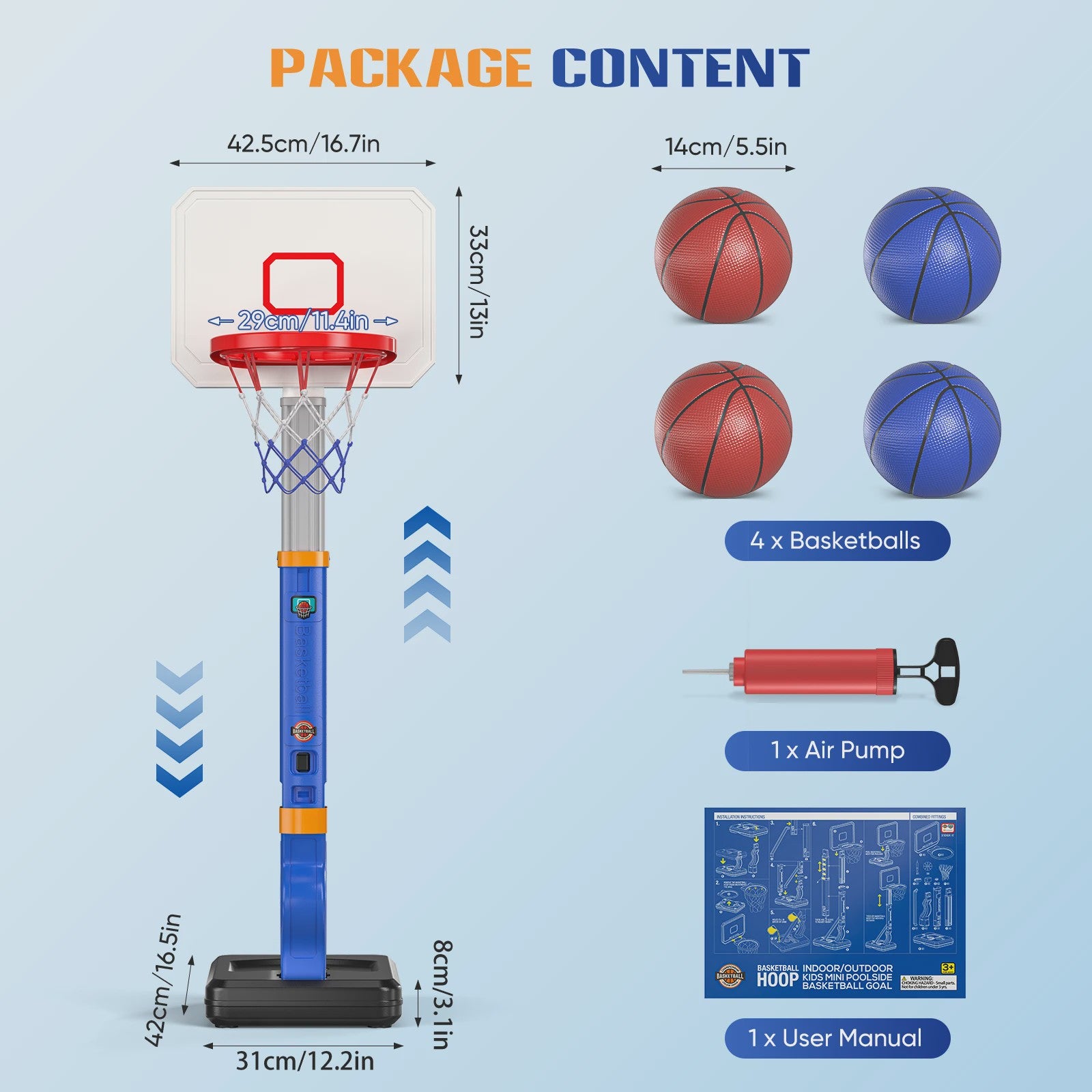 Verstelbare Kinder Basketbalring met Standaard en 4 Ballen - Indoor & Outdoor Speelplezier