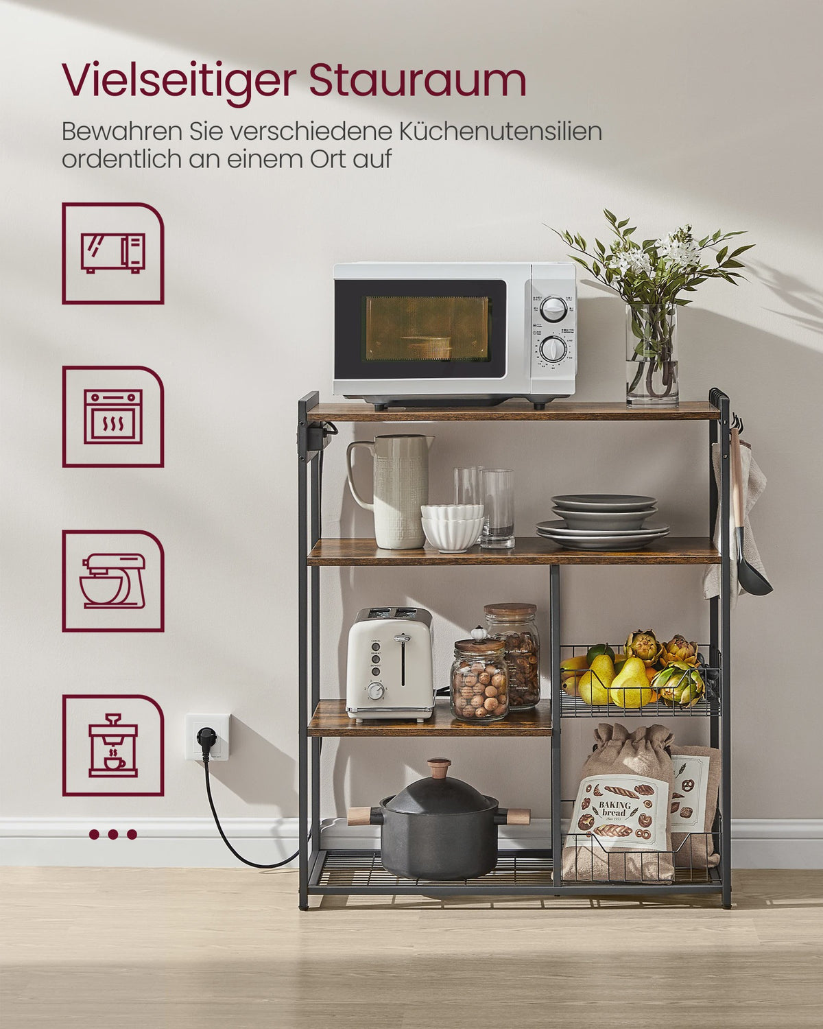 Keukenrek met Stopcontacten, 2 Metalen Manden en Magnetronplank - Industrieel Design