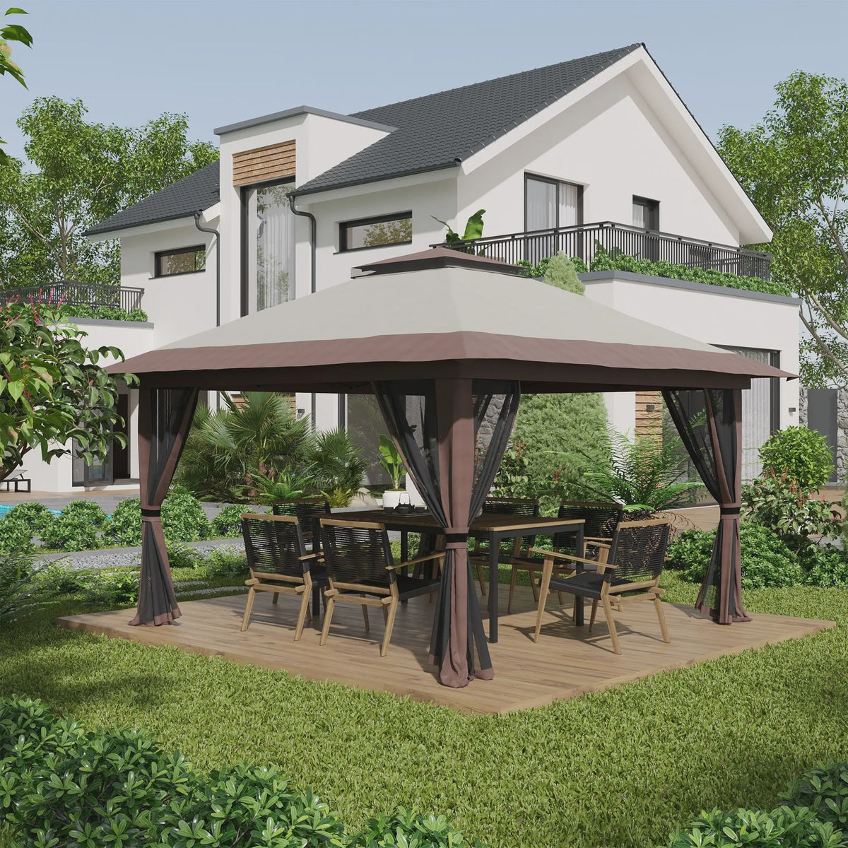Outsunny Pop-Up Tonnelle 4x4m Beige - Dubbel Dak, UV-bescherming 50+ & Muggennetten