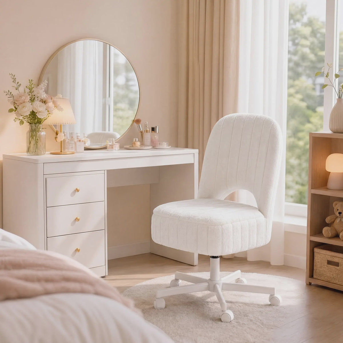 Comfortabele Make-up Stoel met Opbergruimte, Verstelbaar & Opvouwbaar - Wit
