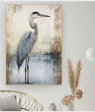 Minimalistische Blauwe Reiger Aquarel Poster - Stijlvolle Wanddecoratie