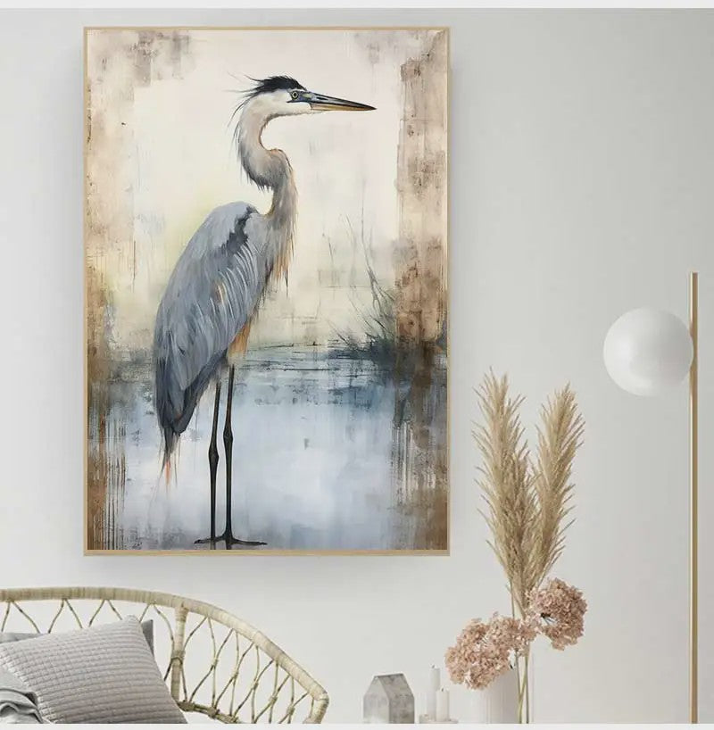 Minimalistische Blauwe Reiger Aquarel Poster - Stijlvolle Wanddecoratie