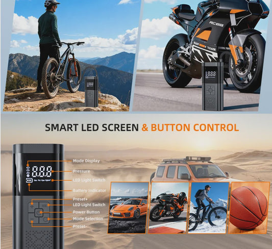 Draadloze Draagbare Bandenpomp met Drukmeter - Compacte Luchtcompressor voor Auto, Fiets & Meer
