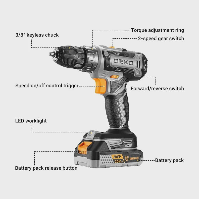 DEKO 20V Accuboormachine Set met Batterij en Lader - Krachtig en Veelzijdig
