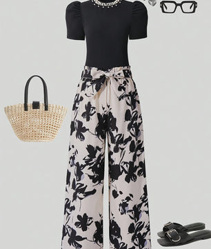Zomerse Outfit Set Meisjes: Zwart T-shirt met Pareldecoratie & Bloemige Wijde Broek - 2-delig Pak voor Kinderen & Tieners (5-13 jaar)