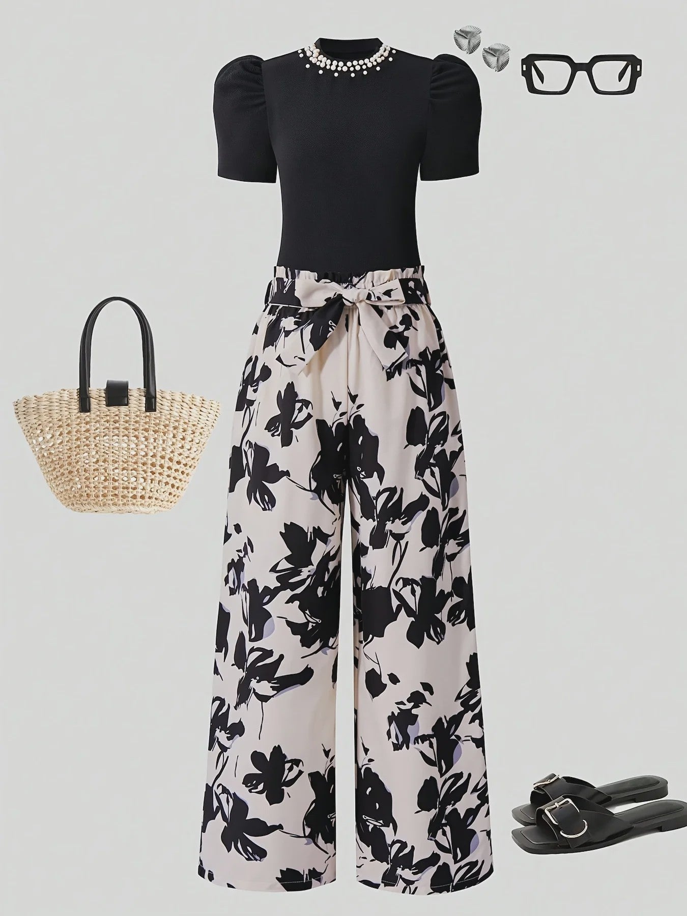 Zomerse Outfit Set Meisjes: Zwart T-shirt met Pareldecoratie & Bloemige Wijde Broek - 2-delig Pak voor Kinderen & Tieners (5-13 jaar)