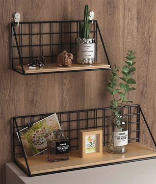 Draadmand Wandplank Set - Zonder Boren - Hout & Metaal - Decoratief & Opbergrek