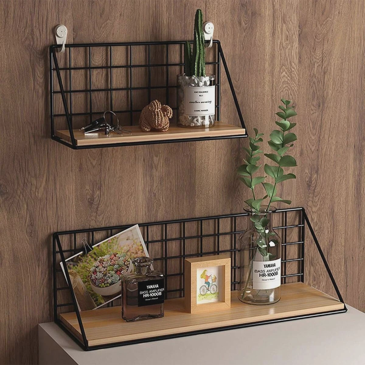 Draadmand Wandplank Set - Zonder Boren - Hout & Metaal - Decoratief & Opbergrek