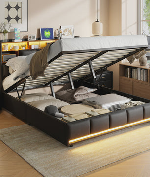 Luxe Gestoffeerd Bed met Hydraulische Opbergruimte, LED Verlichting en Laadstation