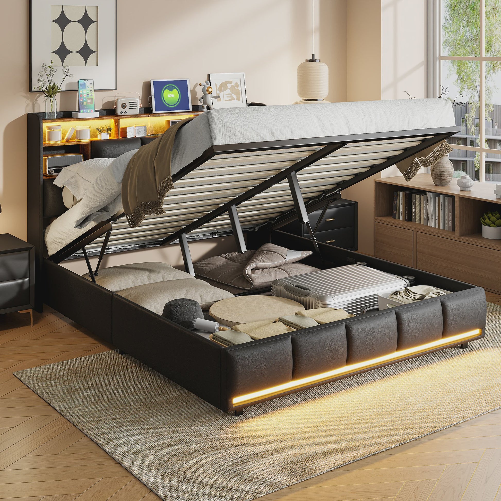 Luxe Gestoffeerd Bed met Hydraulische Opbergruimte, LED Verlichting en Laadstation