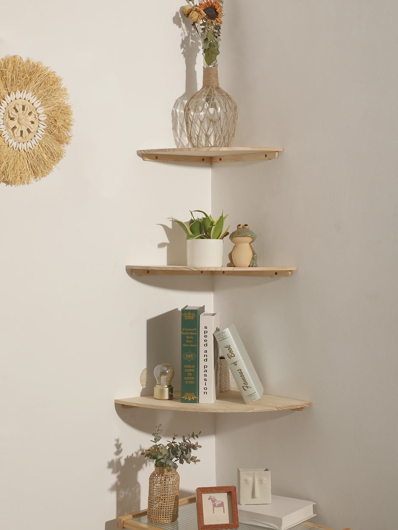 Set van 3 Houten Hoekplanken - Drijvende Wandplanken met Golvende Rand
