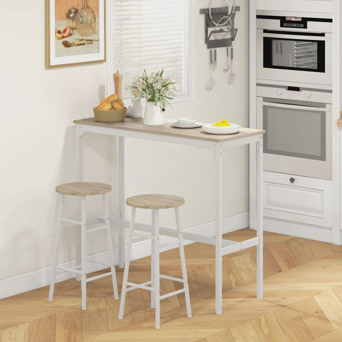 Bistro Bar Set met 2 Krukken - Industrieel Design Staal - Staande Eettafel met Voetensteun