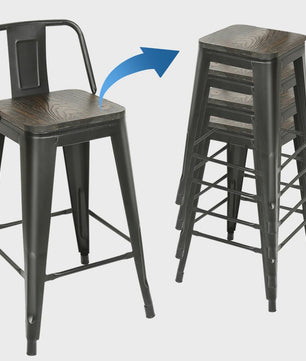Set van 4 Metalen Barkrukken met Rugleuning - 84 cm Hoog - Stapelbaar - Vintage/Industriële Stijl