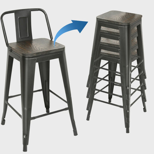 Set van 4 Metalen Barkrukken met Rugleuning - 84 cm Hoog - Stapelbaar - Vintage/Industriële Stijl